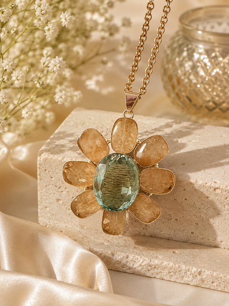 Green Amethyst & Citrine-Inspired Statement Flower Pendant - Georgie Rosario Jewelry and more...
