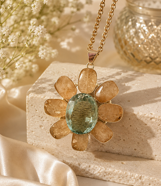 Green Amethyst & Citrine-Inspired Statement Flower Pendant - Georgie Rosario Jewelry and more...