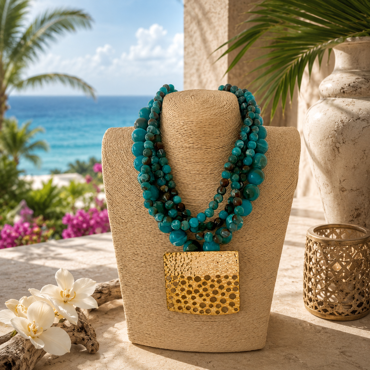 Turquoise and Gold Square Necklace