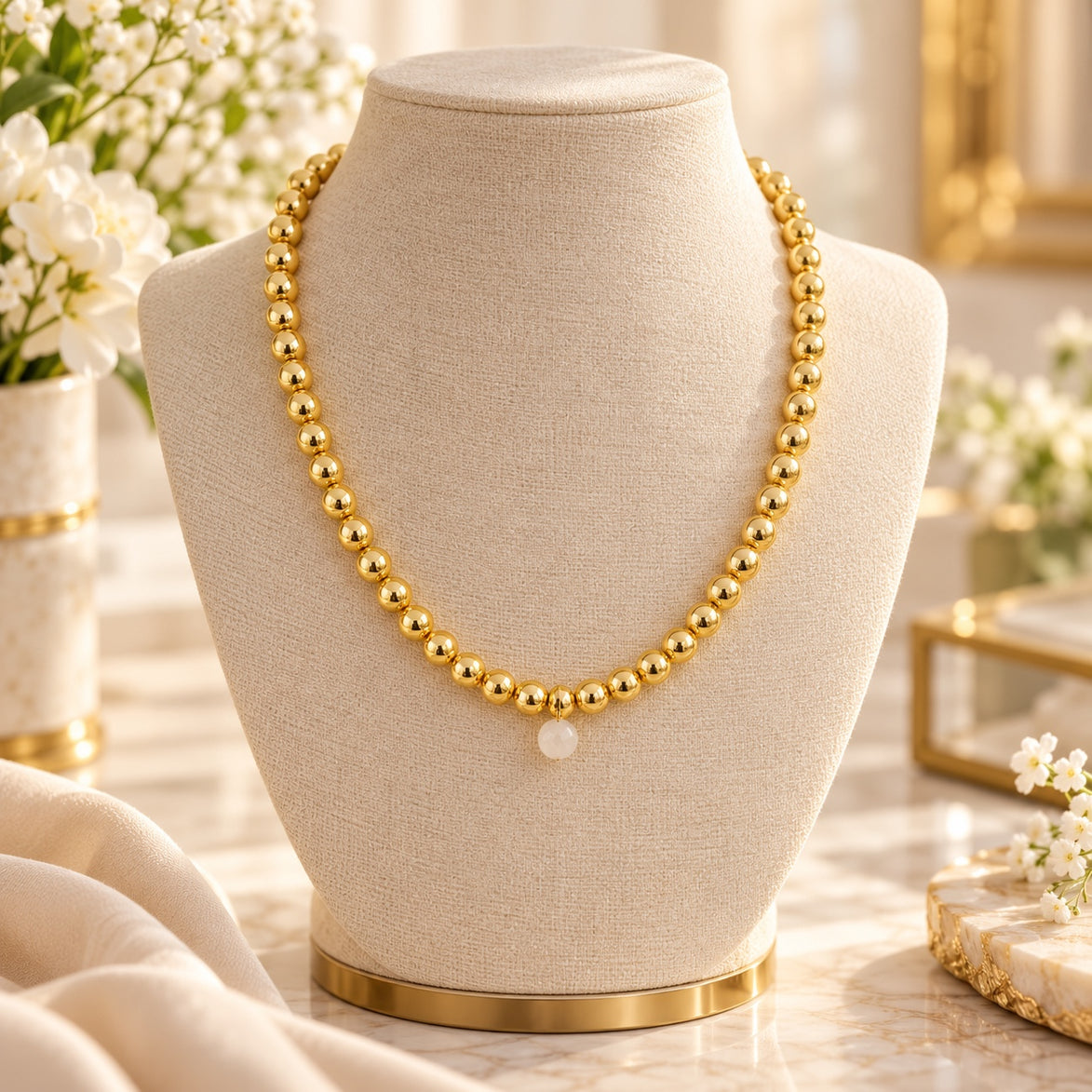 Collar Luz Dorada de hematita dorada 6 mm y dije blanco