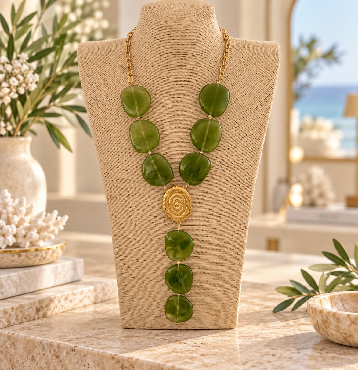 Olive green statement necklace with gold-tone spiral centerpiece