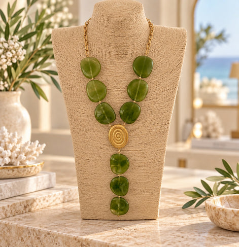 Olive green statement necklace with gold-tone spiral centerpiece