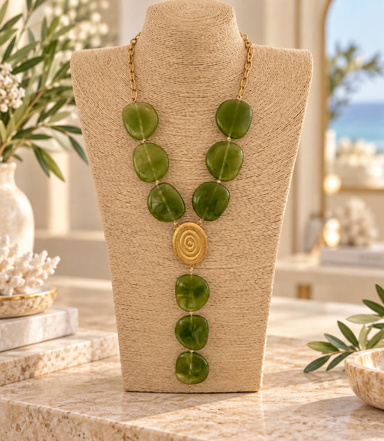 Olive green statement necklace with gold-tone spiral centerpiece